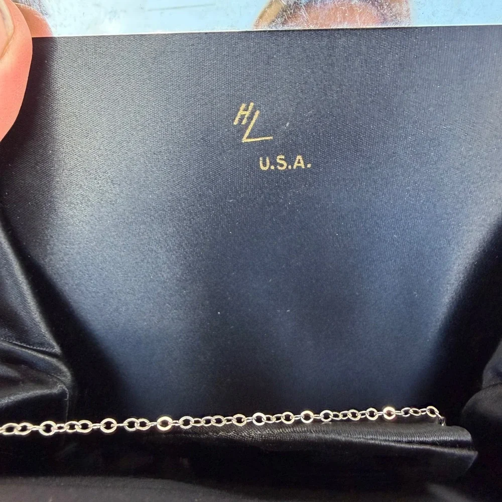HL USA Vintage Evening Bag Womens Black Satin Silver‎ Frame Rhinestone Bow Clasp